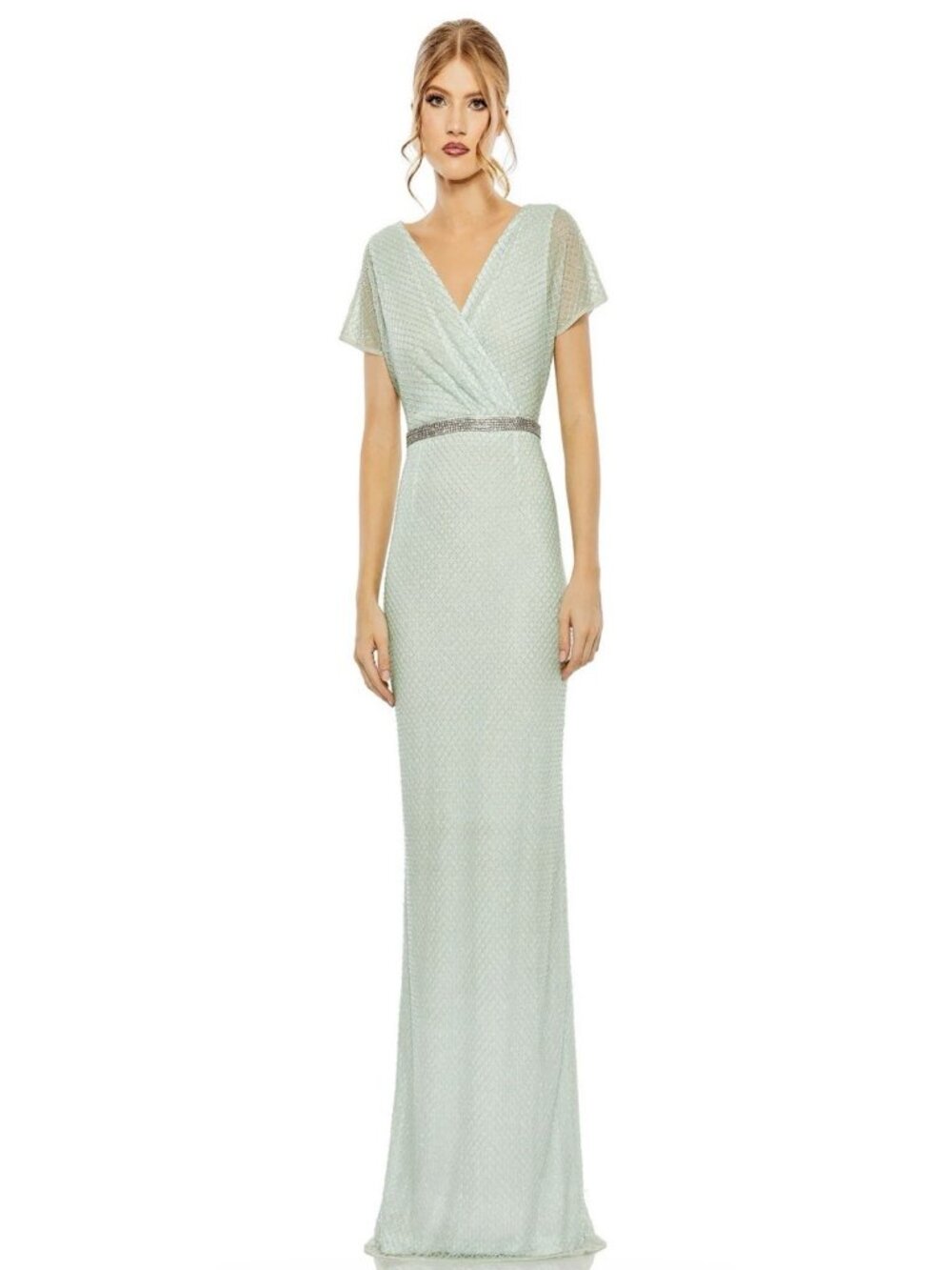 Mac Duggal Beaded Rhinestone Gown Green Size 4 Maxi VNeck Short Sleeve 93994